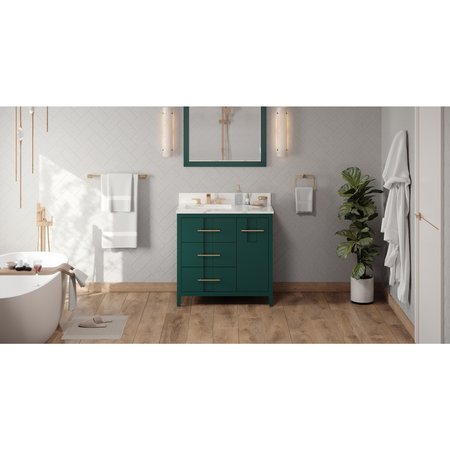 JEFFREY ALEXANDER 36In. Forest Grn Katara Vanity, Left Offset, Calacatta Vienna Quartz Vanity Top, Undrmnt Rctngl Bowl VKITKAT36GNCQR